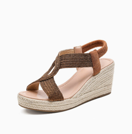 Sandales à Plateforme compensées marron en textile tressé, brides croisées et semelle effet corde tressée
